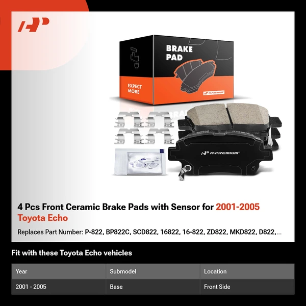 4 Pcs Front Ceramic Brake Pads with Sensor for 2001-2005 Toyota Echo