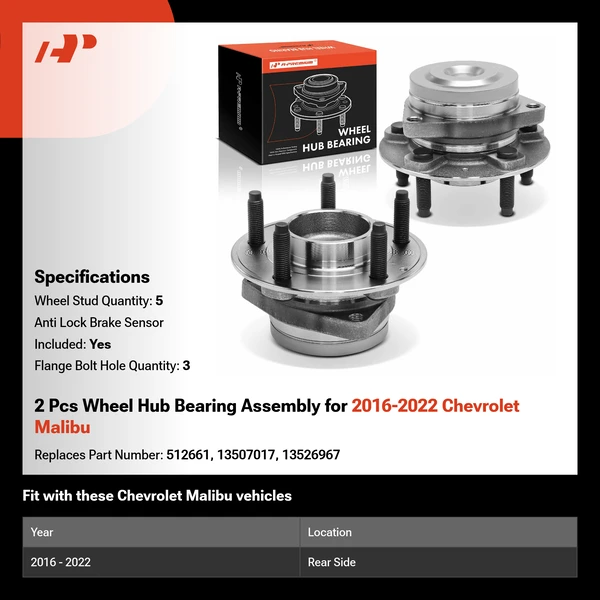 2 Pcs Wheel Hub Bearing Assembly for 2016-2022 Chevrolet Malibu