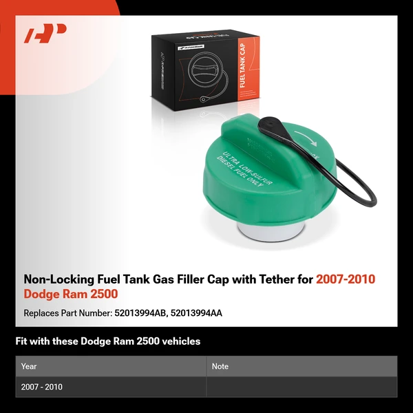 Non-Locking Fuel Tank Gas Filler Cap with Tether for 2007-2010 Dodge Ram 2500