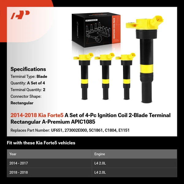 2014-2018 Kia Forte5 A Set of 4-Pc Ignition Coil 2-Blade Terminal Rectangular A-Premium APIC1085
