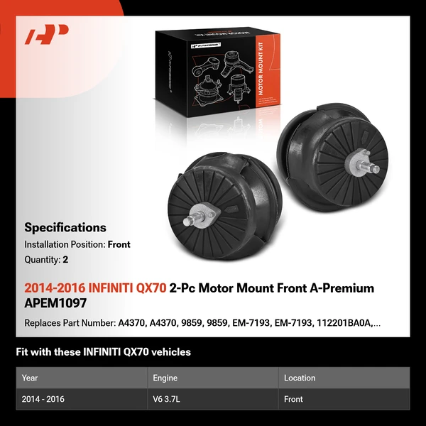 2014-2016 INFINITI QX70 2-Pc Motor Mount Front A-Premium APEM1097