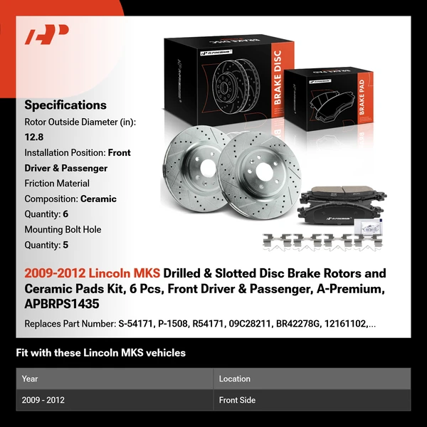 2009-2012 Lincoln MKS Drilled & Slotted Disc Brake Rotors and Ceramic Pads Kit, 6 Pcs, Front Driver & Passenger, A-Premium, APBRPS1435