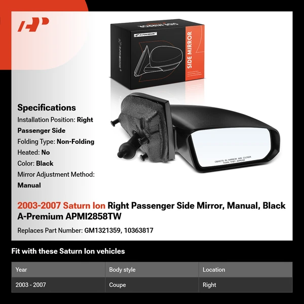 2003-2007 Saturn Ion Right Passenger Side Mirror, Manual, Black A-Premium APMI2858TW