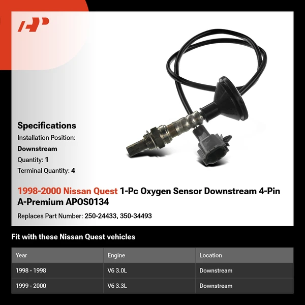 1998-2000 Nissan Quest 1-Pc Oxygen Sensor Downstream 4-Pin A-Premium APOS0134