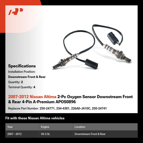 2007-2012 Nissan Altima 2-Pc Oxygen Sensor Downstream Front & Rear 4-Pin A-Premium APOS0896