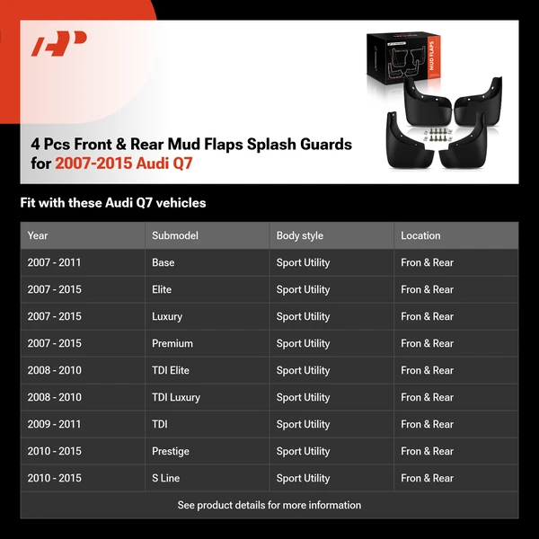 4 Pcs Front & Rear Mud Flaps Splash Guards for 2007-2015 Audi Q7