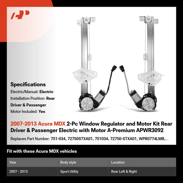 2007-2013 Acura MDX 2-Pc Window Regulator and Motor Kit Rear Driver & Passenger Electric with Motor A-Premium APWR3092