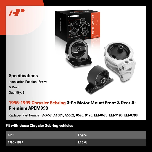 1995-1999 Chrysler Sebring 3-Pc Motor Mount Front & Rear A-Premium APEM998