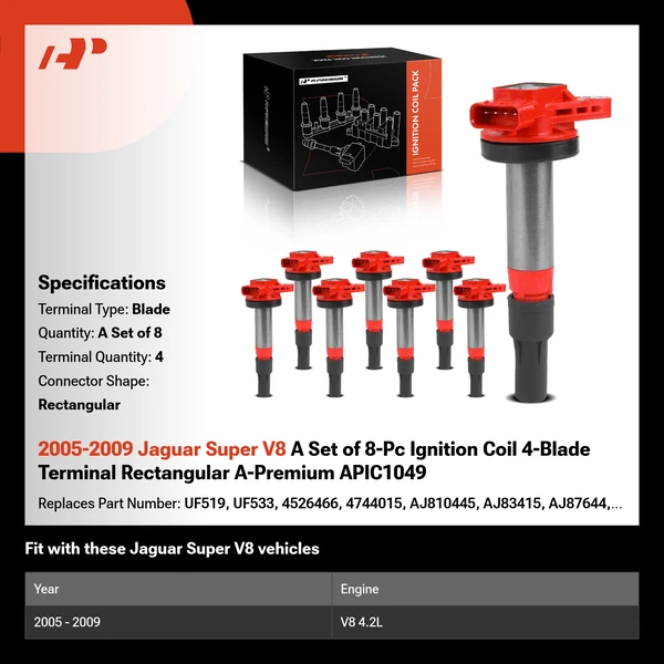 2005-2009 Jaguar Super V8 A Set of 8-Pc Ignition Coil 4-Blade Terminal Rectangular A-Premium APIC1049
