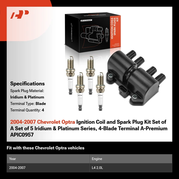 2004-2007 Chevrolet Optra Ignition Coil and Spark Plug Kit Set of A Set of 5 Iridium & Platinum Series, 4-Blade Terminal A-Premium APIC0957
