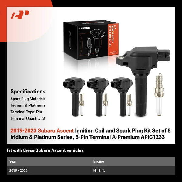 2019-2023 Subaru Ascent Ignition Coil and Spark Plug Kit Set of 8 Iridium & Platinum Series, 3-Pin Terminal A-Premium APIC1233