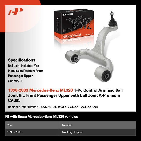 1998-2003 Mercedes-Benz ML320 1-Pc Control Arm and Ball Joint Kit, Front Passenger Upper with Ball Joint A-Premium CA005