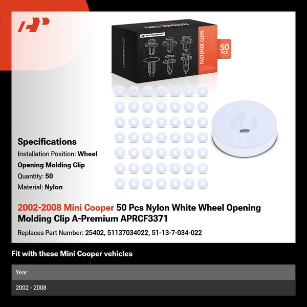 2002-2008 Mini Cooper 50 Pcs Nylon White Wheel Opening Molding Clip A-Premium APRCF3371