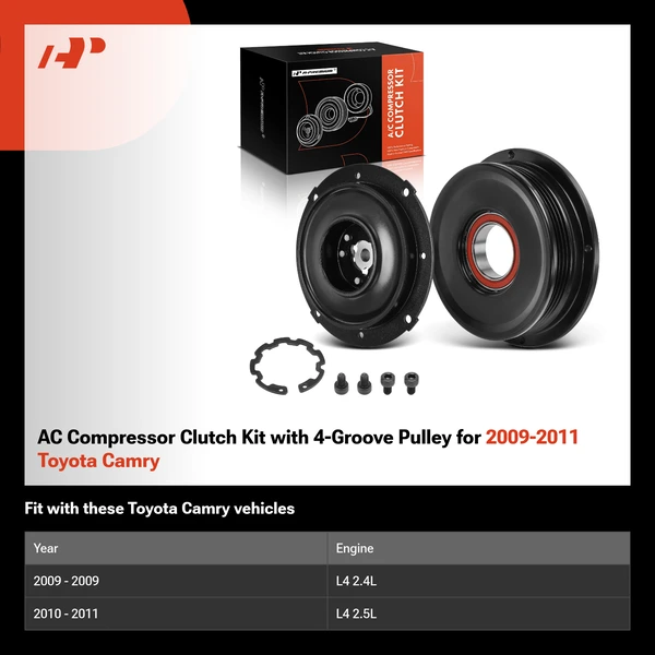 AC Compressor Clutch Kit with 4-Groove Pulley for 2009-2011 Toyota Camry