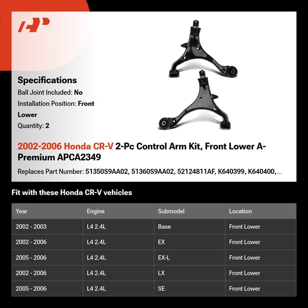 2002-2006 Honda CR-V 2-Pc Control Arm Kit, Front Lower A-Premium APCA2349