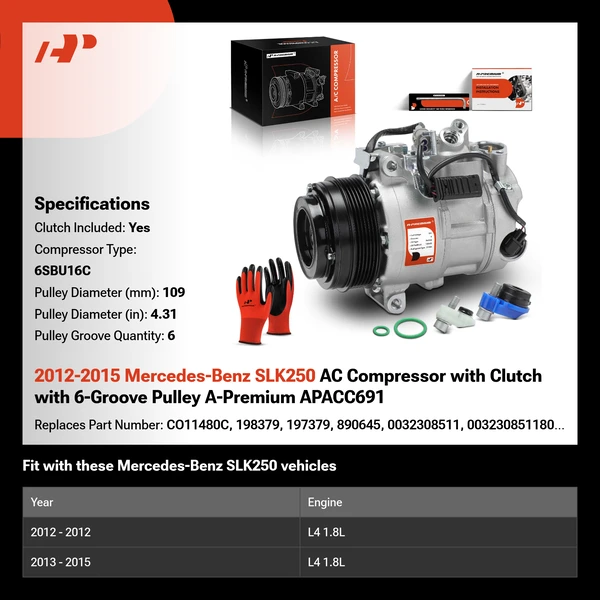 2012-2015 Mercedes-Benz SLK250 AC Compressor with Clutch with 6-Groove Pulley A-Premium APACC691