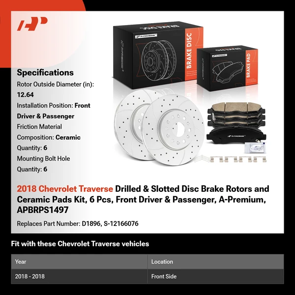2018 Chevrolet Traverse Drilled & Slotted Disc Brake Rotors and Ceramic Pads Kit, 6 Pcs, Front Driver & Passenger, A-Premium, APBRPS1497