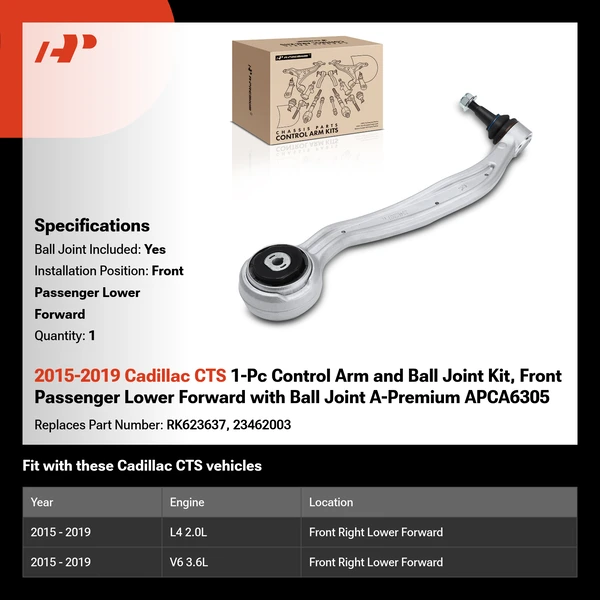 2015-2019 Cadillac CTS 1-Pc Control Arm and Ball Joint Kit, Front Passenger Lower Forward with Ball Joint A-Premium APCA6305