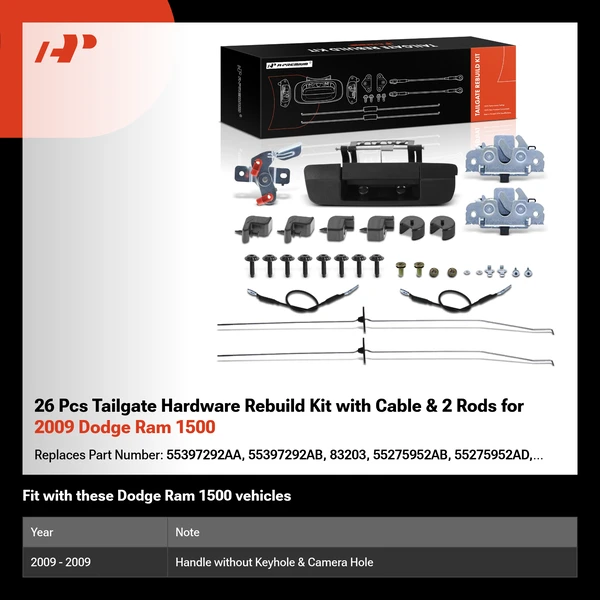 26 Pcs Tailgate Hardware Rebuild Kit with Cable & 2 Rods for 2009 Dodge Ram 1500