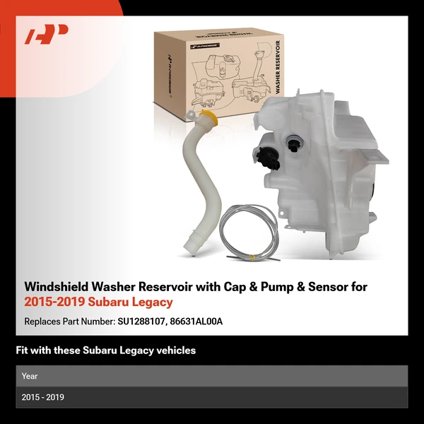 Windshield Washer Reservoir with Cap & Pump & Sensor for 2015-2019 Subaru Legacy
