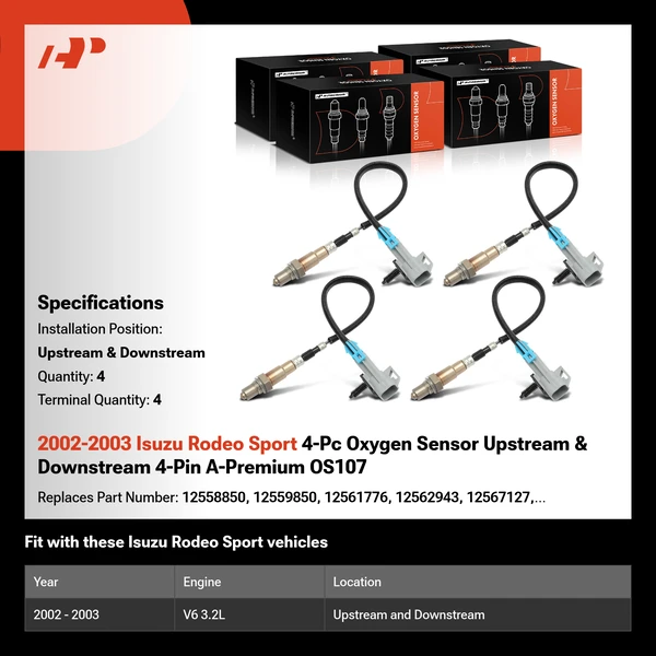 2002-2003 Isuzu Rodeo Sport 4-Pc Oxygen Sensor Upstream & Downstream 4-Pin A-Premium OS107