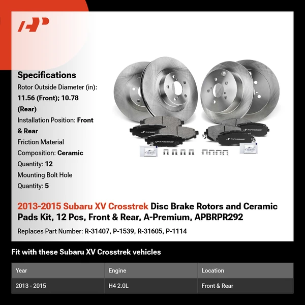2013-2015 Subaru XV Crosstrek Disc Brake Rotors and Ceramic Pads Kit, 12 Pcs, Front & Rear, A-Premium, APBRPR292