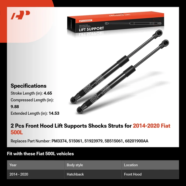 2 Pcs Front Hood Lift Supports Shocks Struts for 2014-2020 Fiat 500L