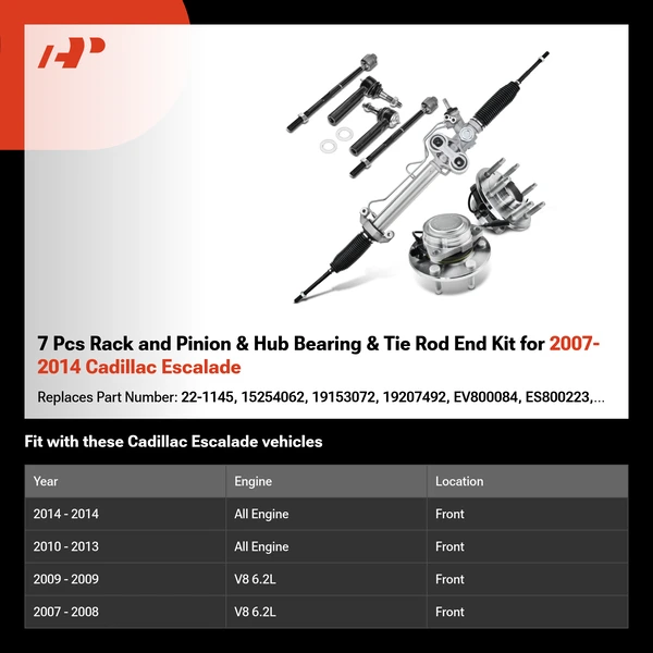 7 Pcs Rack and Pinion & Hub Bearing & Tie Rod End Kit for 2007-2014 Cadillac Escalade