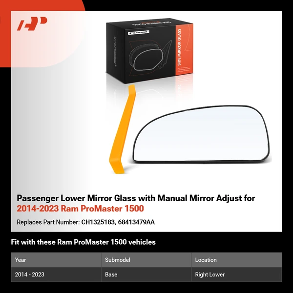 Passenger Lower Mirror Glass with Manual Mirror Adjust for 2014-2023 Ram ProMaster 1500