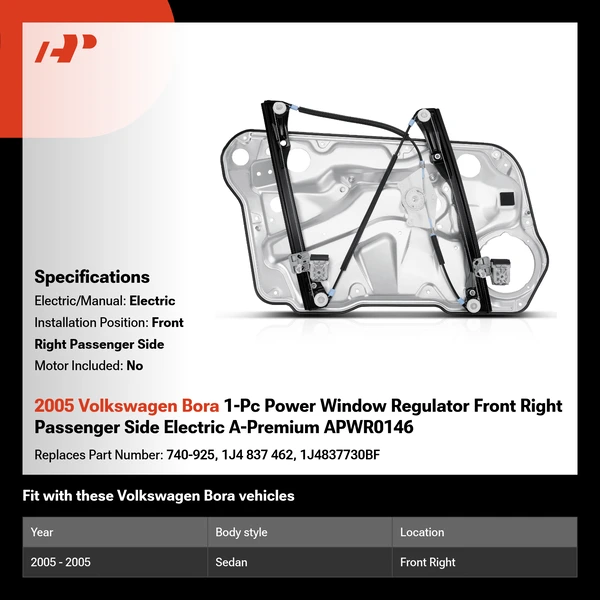 2005 Volkswagen Bora 1-Pc Power Window Regulator Front Right Passenger Side Electric A-Premium APWR0146