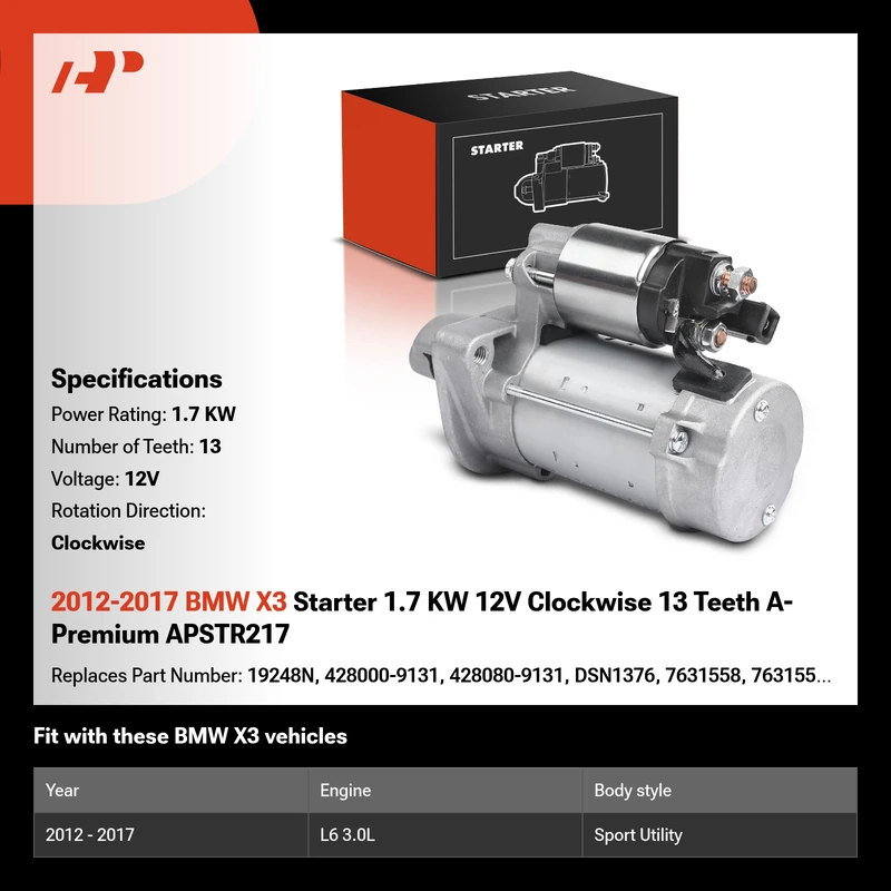 2012-2017 BMW X3 Starter 1.7 KW 12V Clockwise 13 Teeth A-Premium APSTR217