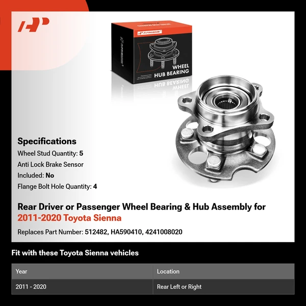 Rear Driver or Passenger Wheel Bearing & Hub Assembly for 2011-2020 Toyota Sienna