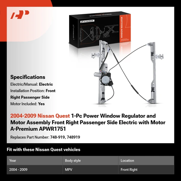 2004-2009 Nissan Quest 1-Pc Power Window Regulator and Motor Assembly Front Right Passenger Side Electric with Motor A-Premium APWR1751