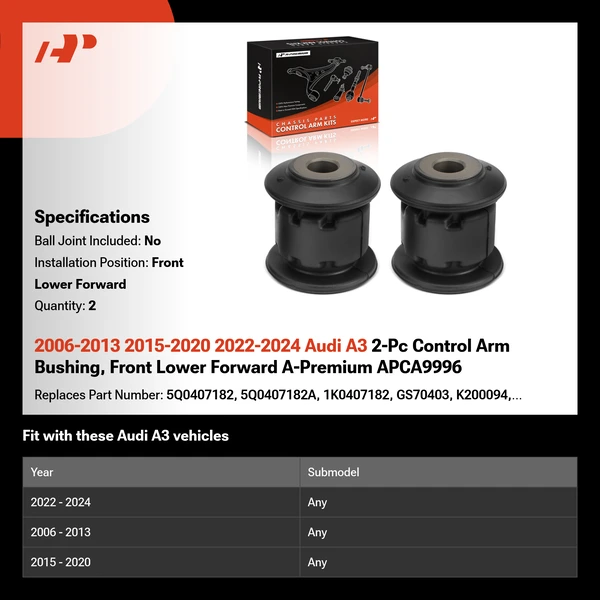 2006-2013 2015-2020 2022-2024 Audi A3 2-Pc Control Arm Bushing, Front Lower Forward A-Premium APCA9996