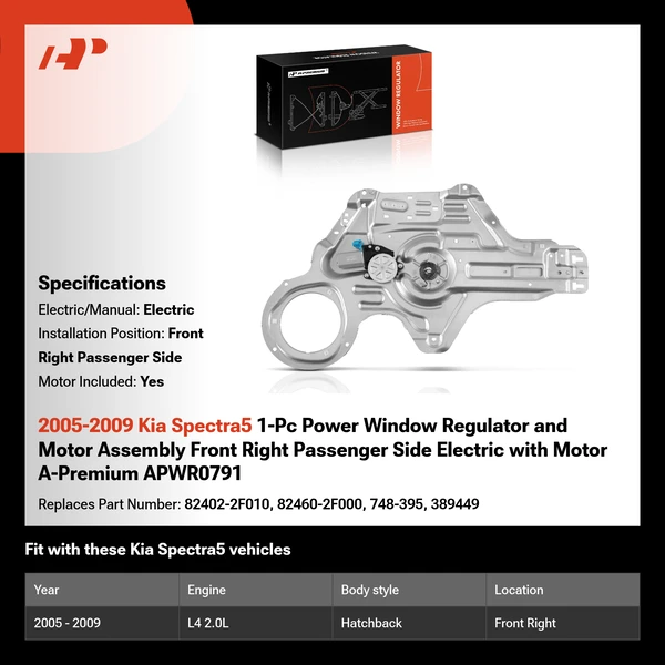 2005-2009 Kia Spectra5 1-Pc Power Window Regulator and Motor Assembly Front Right Passenger Side Electric with Motor A-Premium APWR0791