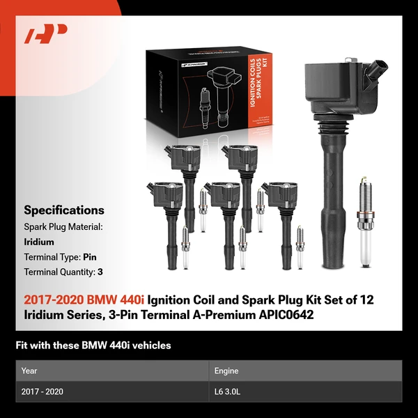 2017-2020 BMW 440i Ignition Coil and Spark Plug Kit Set of 12 Iridium Series, 3-Pin Terminal A-Premium APIC0642