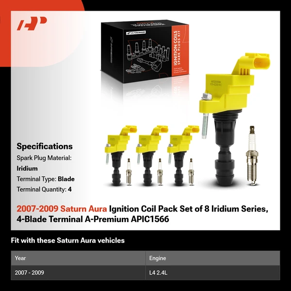2007-2009 Saturn Aura Ignition Coil Pack Set of 8 Iridium Series, 4-Blade Terminal A-Premium APIC1566