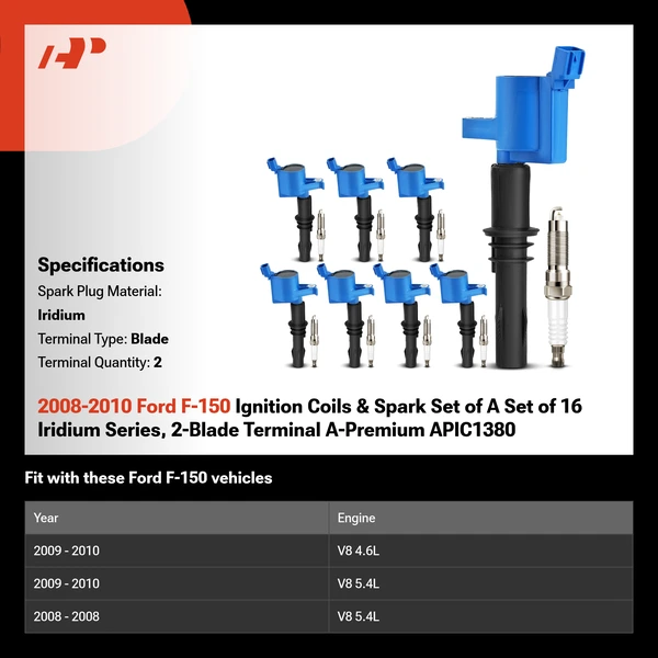 2008-2010 Ford F-150 Ignition Coils & Spark Set of A Set of 16 Iridium Series, 2-Blade Terminal A-Premium APIC1380