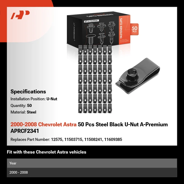 2000-2008 Chevrolet Astra 50 Pcs Steel Black U-Nut A-Premium APRCF2341