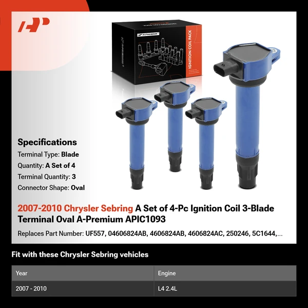 2007-2010 Chrysler Sebring A Set of 4-Pc Ignition Coil 3-Blade Terminal Oval A-Premium APIC1093