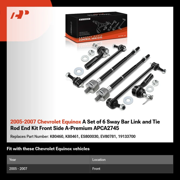 2005-2007 Chevrolet Equinox A Set of 6 Sway Bar Link and Tie Rod End Kit Front Side A-Premium APCA2745