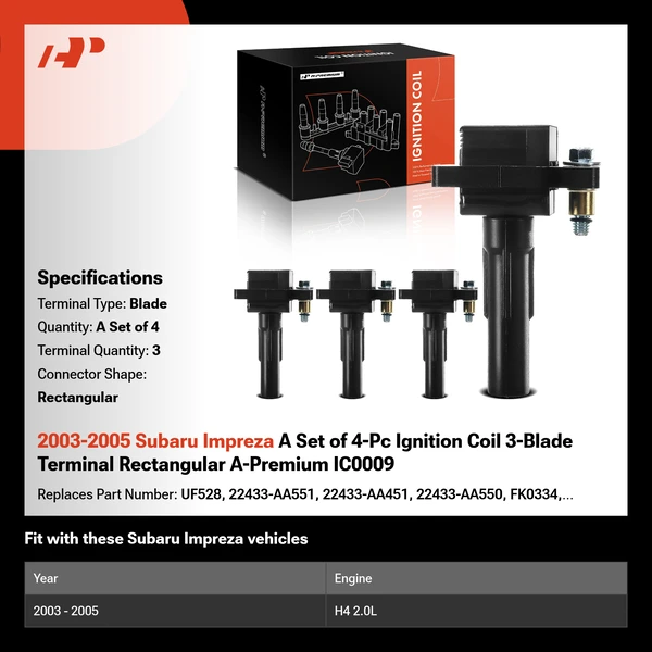 2003-2005 Subaru Impreza A Set of 4-Pc Ignition Coil 3-Blade Terminal Rectangular A-Premium IC0009