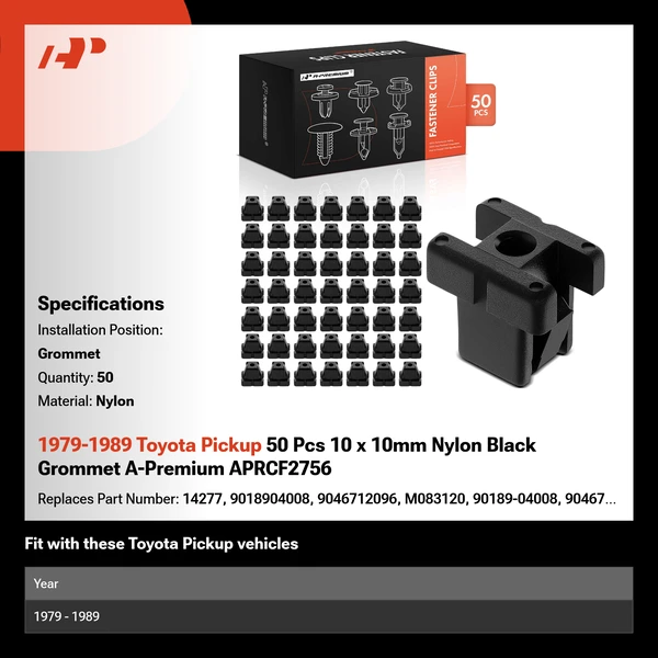 1979-1989 Toyota Pickup 50 Pcs 10 x 10mm Nylon Black Grommet A-Premium APRCF2756