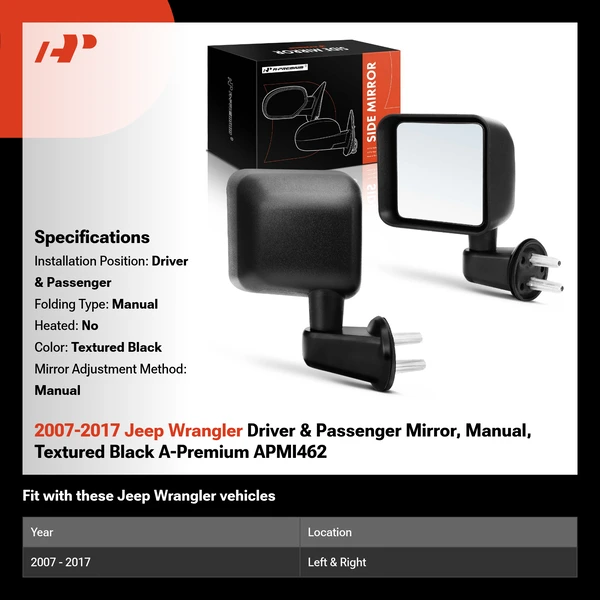 2007-2017 Jeep Wrangler Driver & Passenger Mirror, Manual, Textured Black A-Premium APMI462