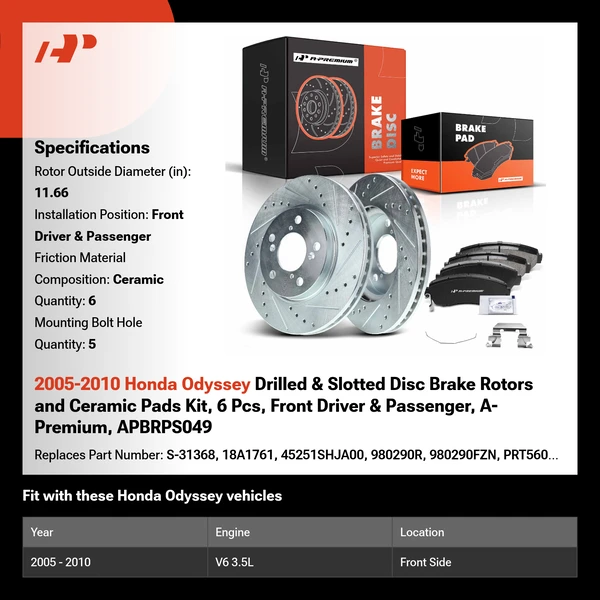 2005-2010 Honda Odyssey Drilled & Slotted Disc Brake Rotors and Ceramic Pads Kit, 6 Pcs, Front Driver & Passenger, A-Premium, APBRPS049