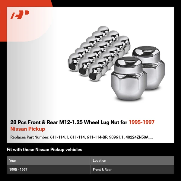 20 Pcs Front & Rear M12-1.25 Wheel Lug Nut for 1995-1997 Nissan Pickup