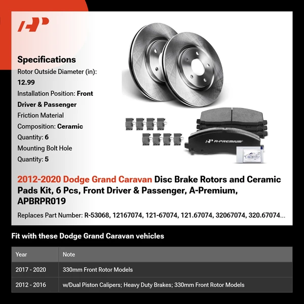 2012-2020 Dodge Grand Caravan Disc Brake Rotors and Ceramic Pads Kit, 6 Pcs, Front Driver & Passenger, A-Premium, APBRPR019