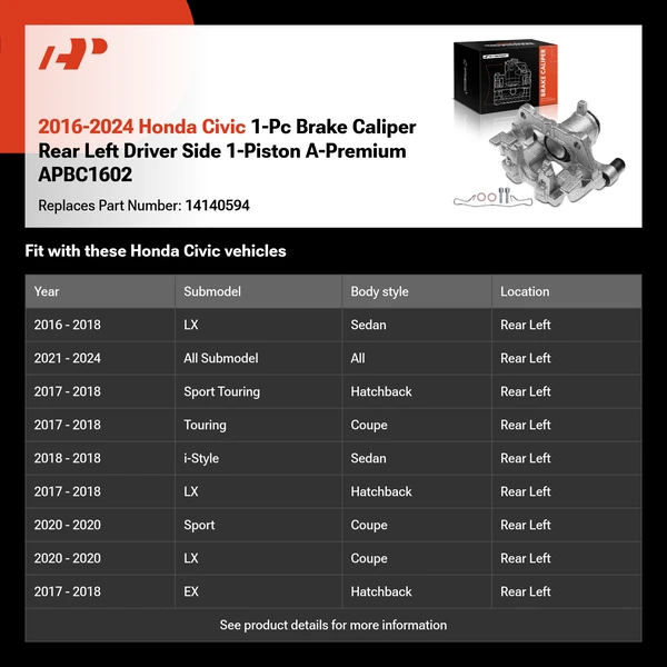2016-2024 Honda Civic 1-Pc Brake Caliper Rear Left Driver Side 1-Piston A-Premium APBC1602