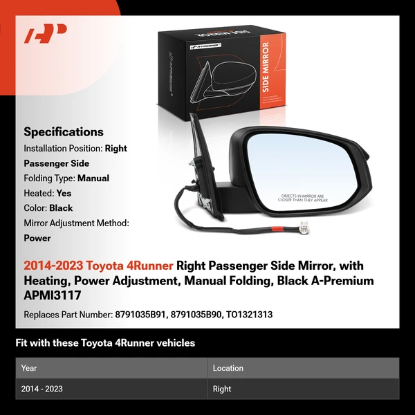 2014-2023 Toyota 4Runner Right Passenger Side Mirror, with Heating, Power Adjustment, Manual Folding, Black A-Premium APMI3117