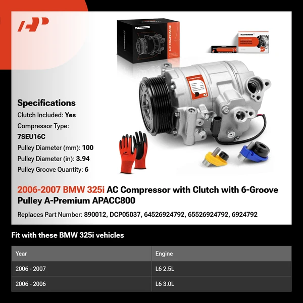 2006-2007 BMW 325i AC Compressor with Clutch with 6-Groove Pulley A-Premium APACC800